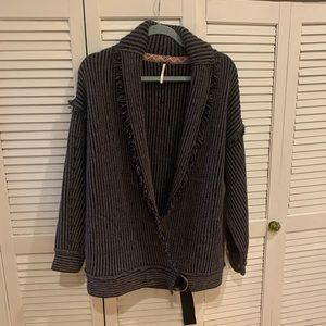 Free People Ribbed Open Front Cardigan in Charcoal Black